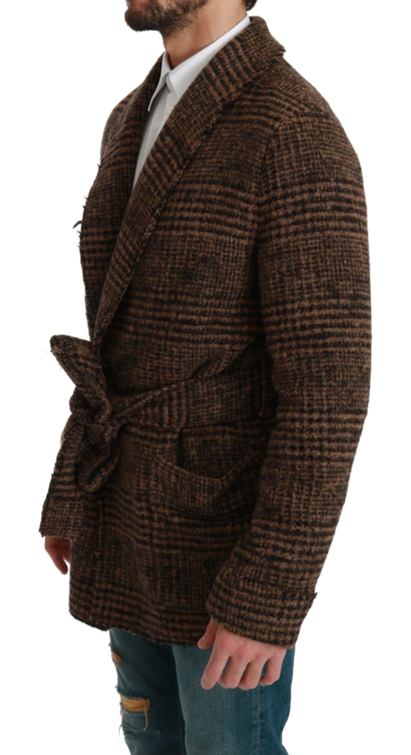 Elegante chaqueta tipo capa con cinturón de mezcla de alpaca marrón