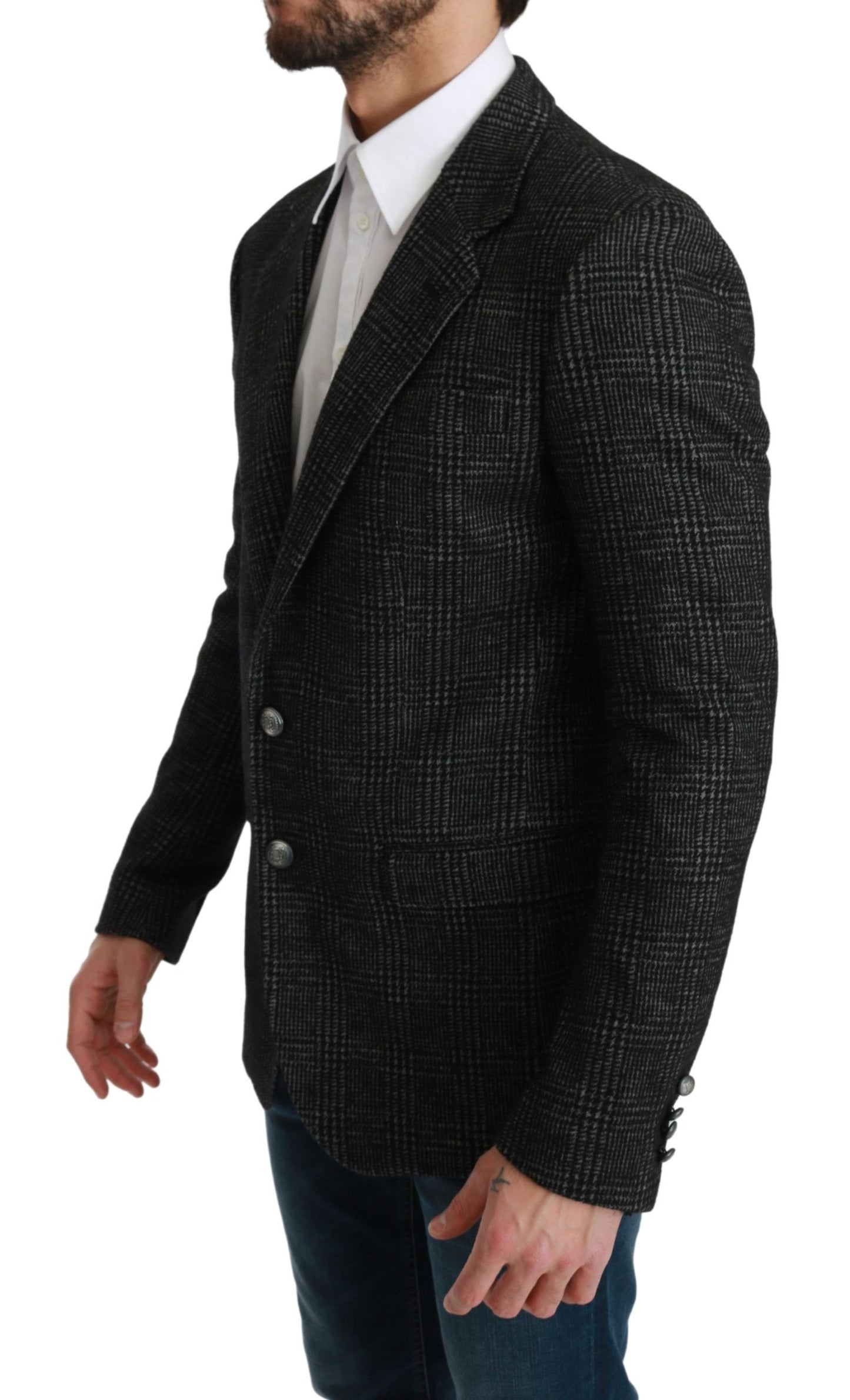 Elegante blazer gris a cuadros de corte entallado