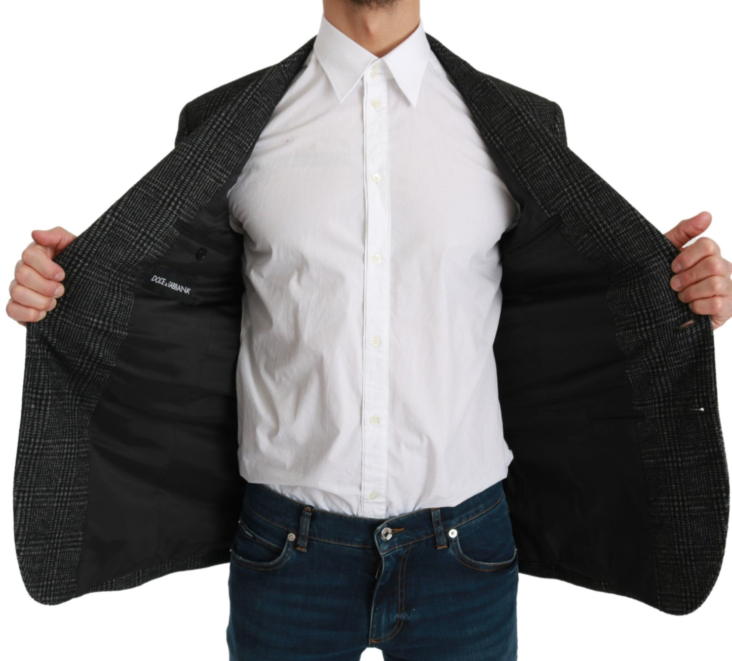 Elegante blazer gris a cuadros de corte entallado