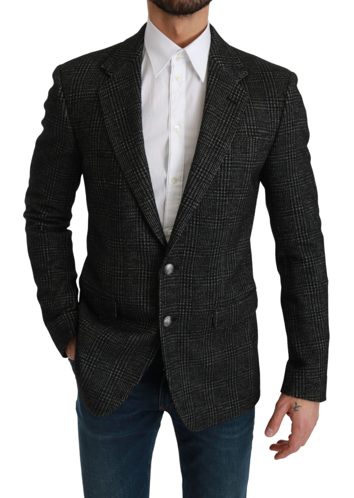 Elegante blazer gris a cuadros de corte entallado
