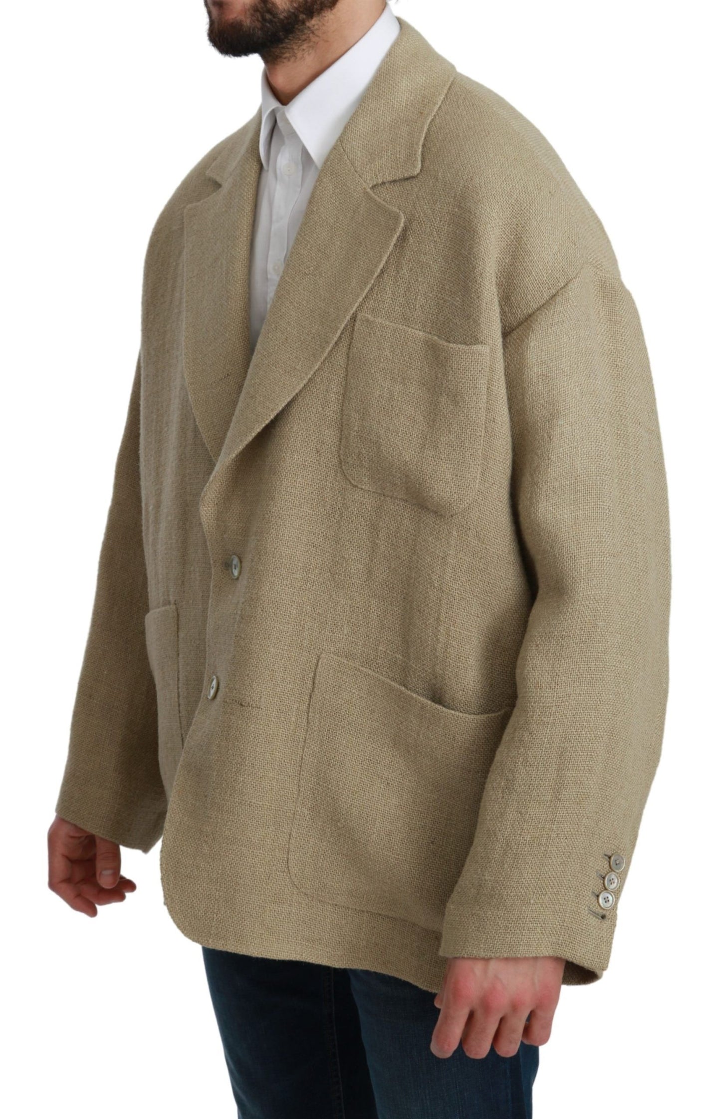 Blazer elegante de yute beige de botonadura sencilla