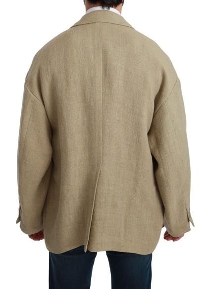 Blazer elegante de yute beige de botonadura sencilla
