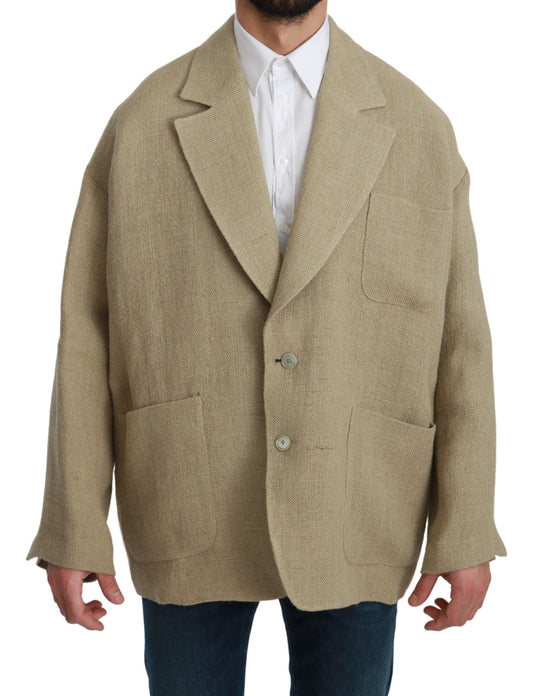 Blazer elegante de yute beige de botonadura sencilla