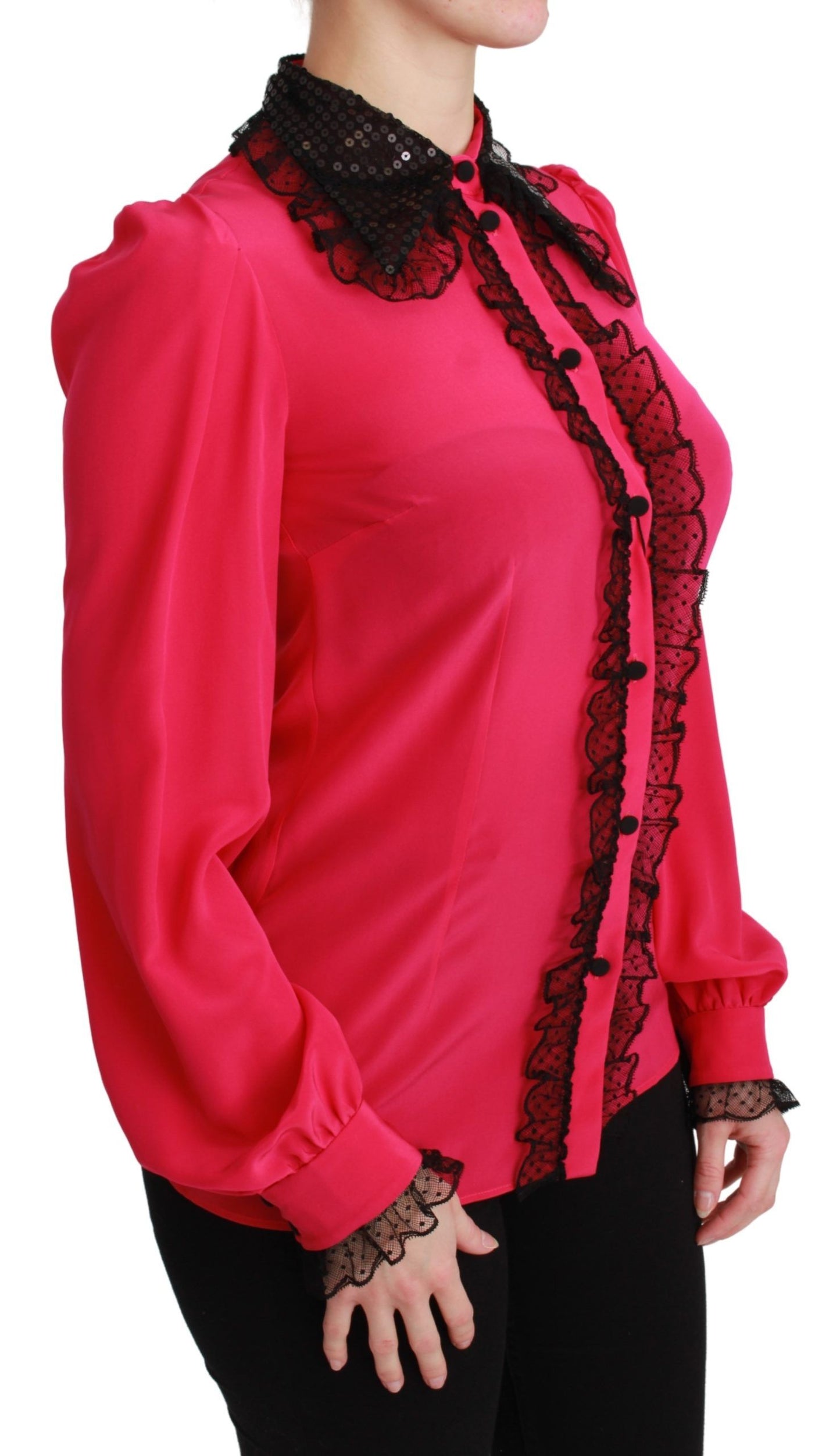 Blusa de mezcla de seda con detalle de encaje en color rosa
