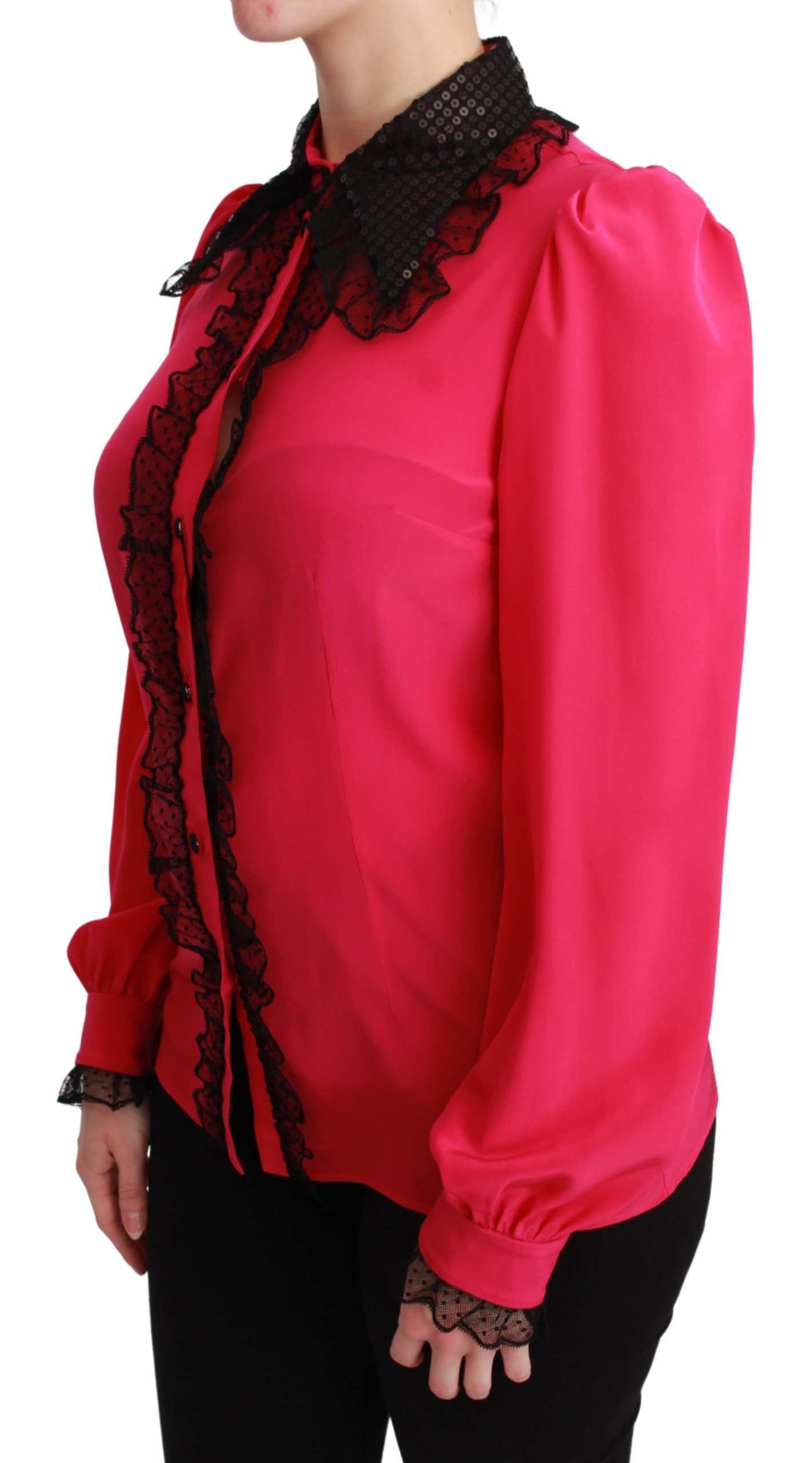 Blusa de mezcla de seda con detalle de encaje en color rosa
