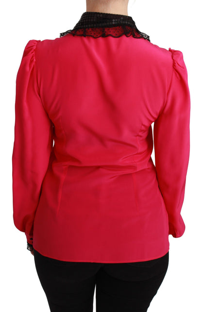 Blusa de mezcla de seda con detalle de encaje en color rosa