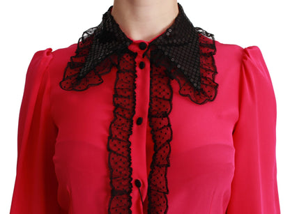 Blusa de mezcla de seda con detalle de encaje en color rosa