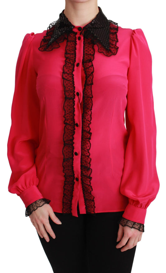 Blusa de mezcla de seda con detalle de encaje en color rosa