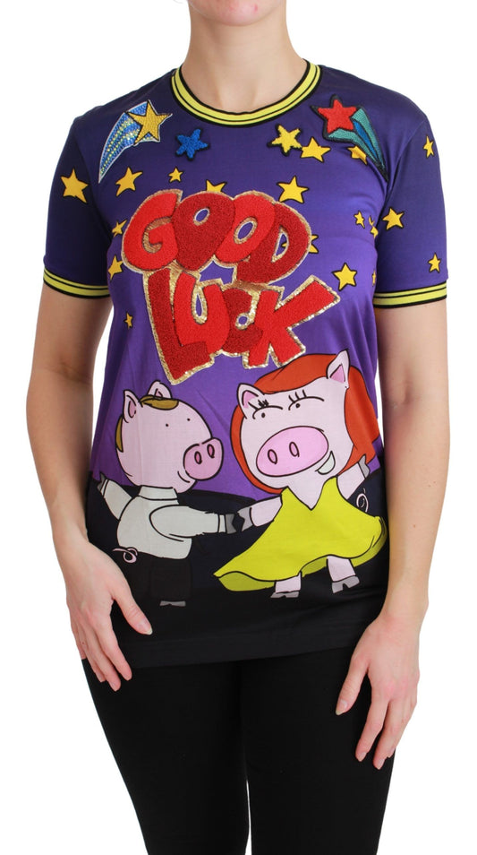 Elegante camiseta con cuello redondo y motivo en morado