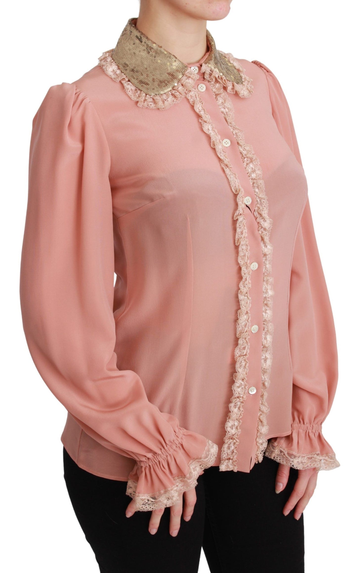 Elegante blusa de seda con encaje rosa y lentejuelas doradas