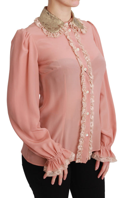 Elegante blusa de seda con encaje rosa y lentejuelas doradas