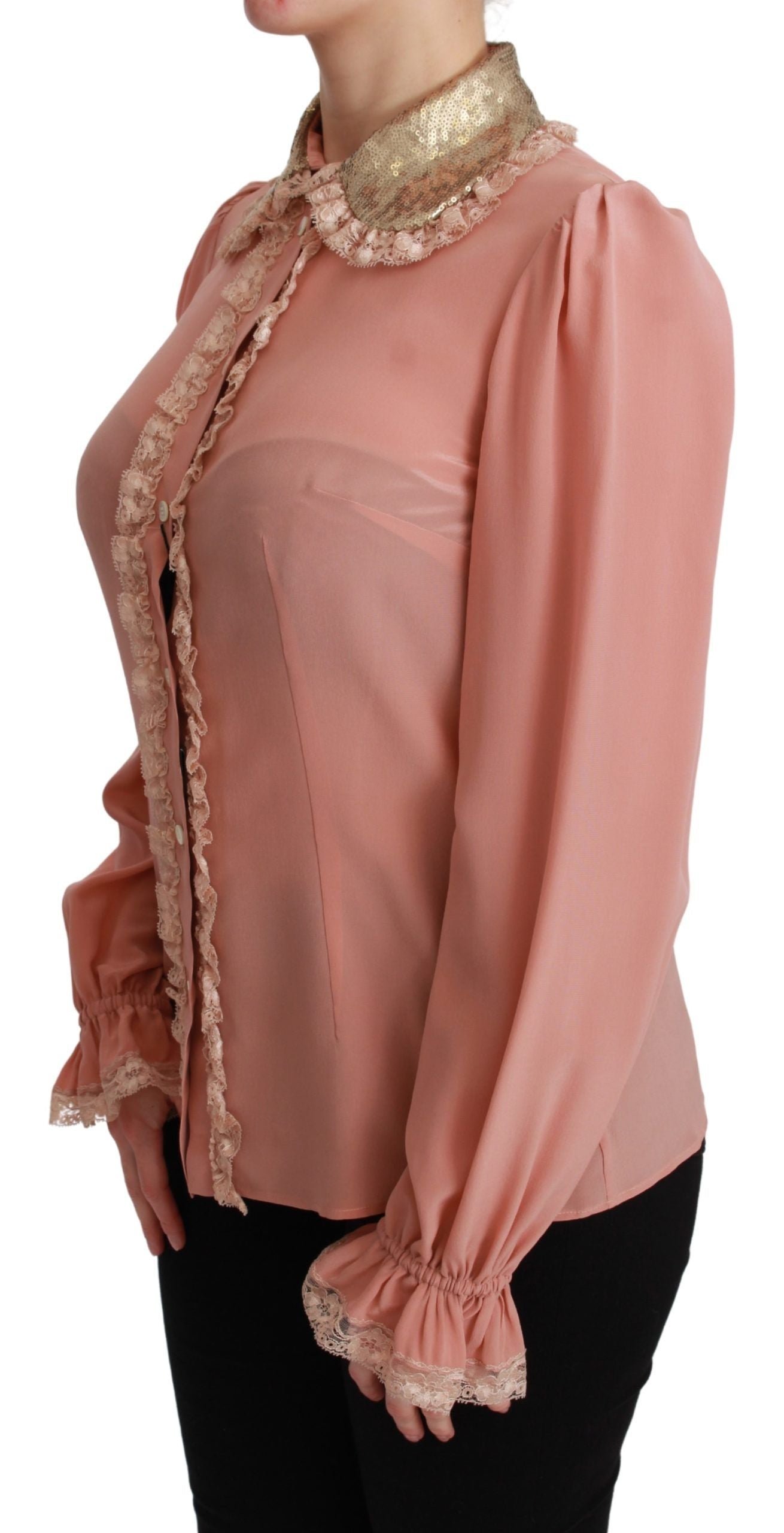 Elegante blusa de seda con encaje rosa y lentejuelas doradas