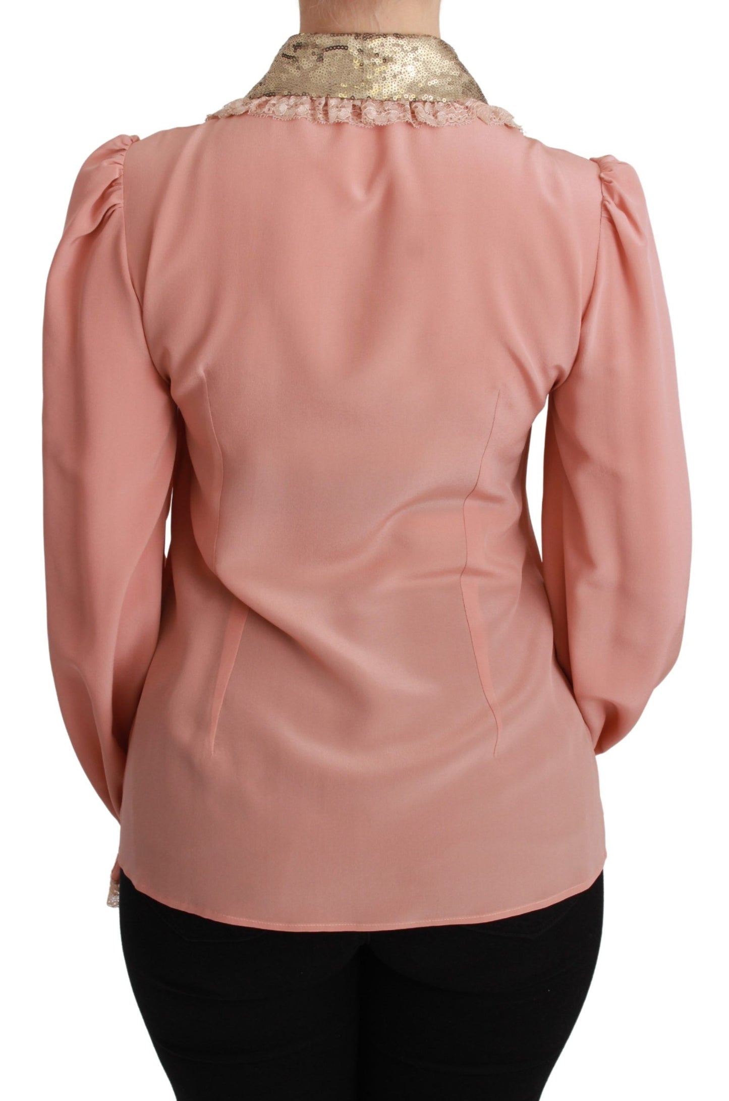 Elegante blusa de seda con encaje rosa y lentejuelas doradas