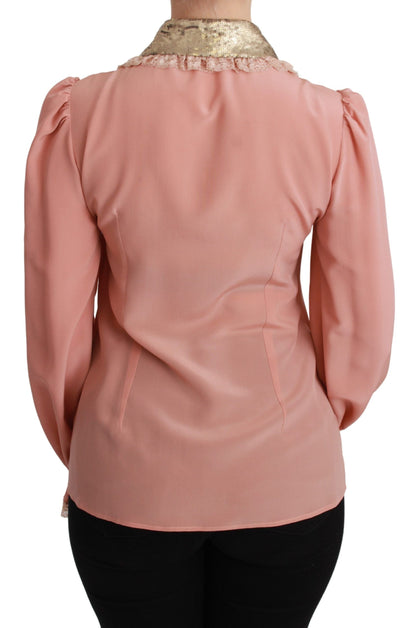 Elegante blusa de seda con encaje rosa y lentejuelas doradas