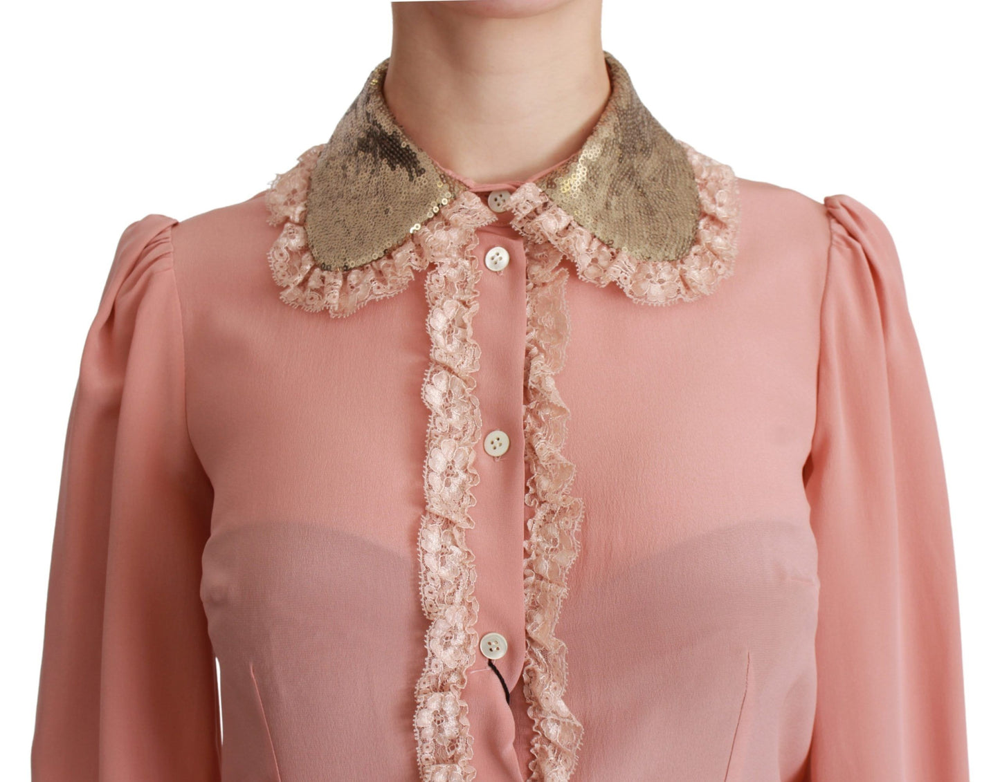 Elegante blusa de seda con encaje rosa y lentejuelas doradas