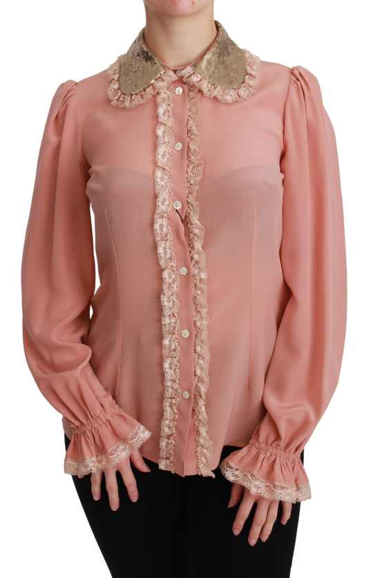 Elegante blusa de seda con encaje rosa y lentejuelas doradas