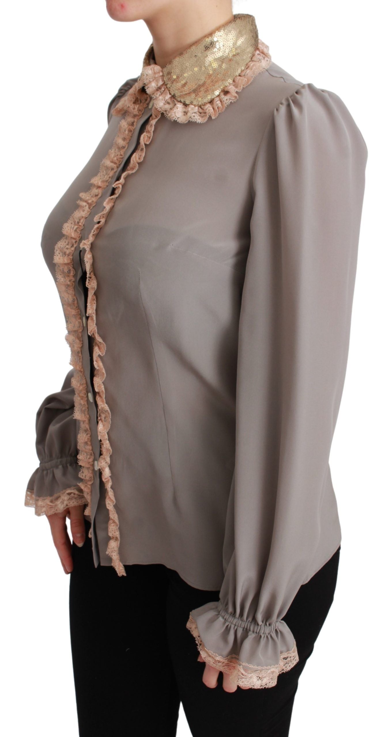 Camisa elegante de mezcla de seda con cuello de lentejuelas
