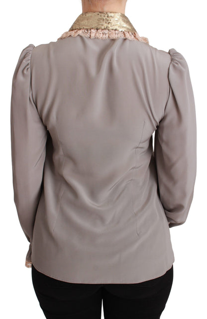 Camisa elegante de mezcla de seda con cuello de lentejuelas