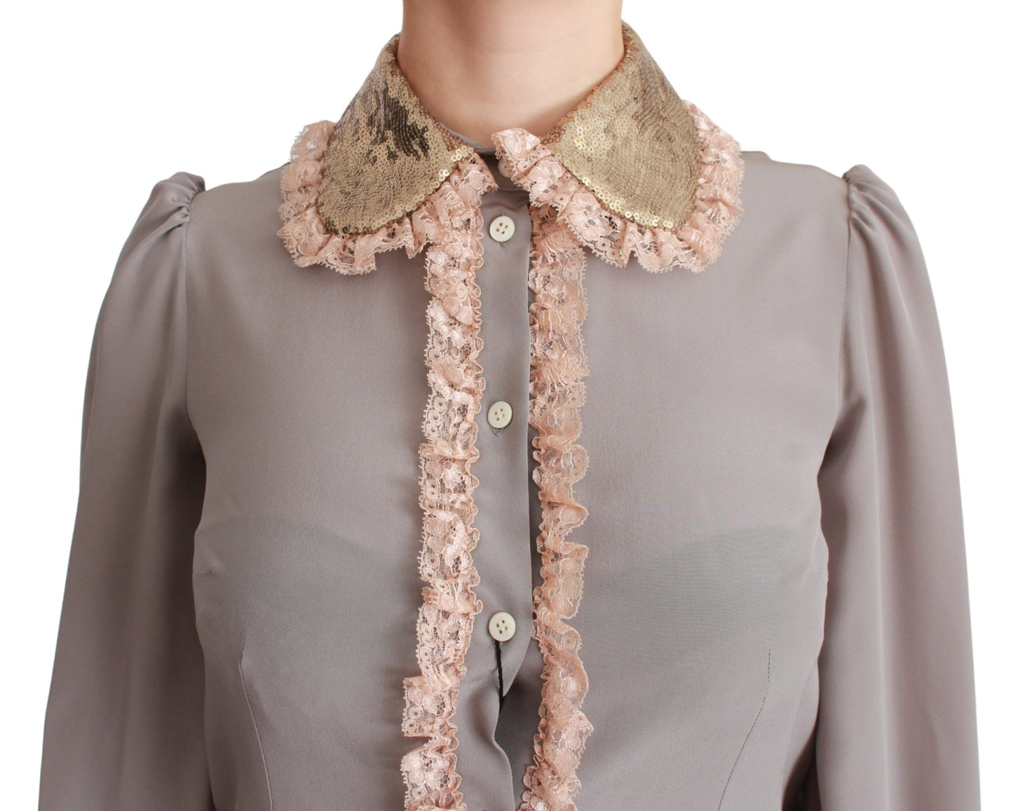 Camisa elegante de mezcla de seda con cuello de lentejuelas