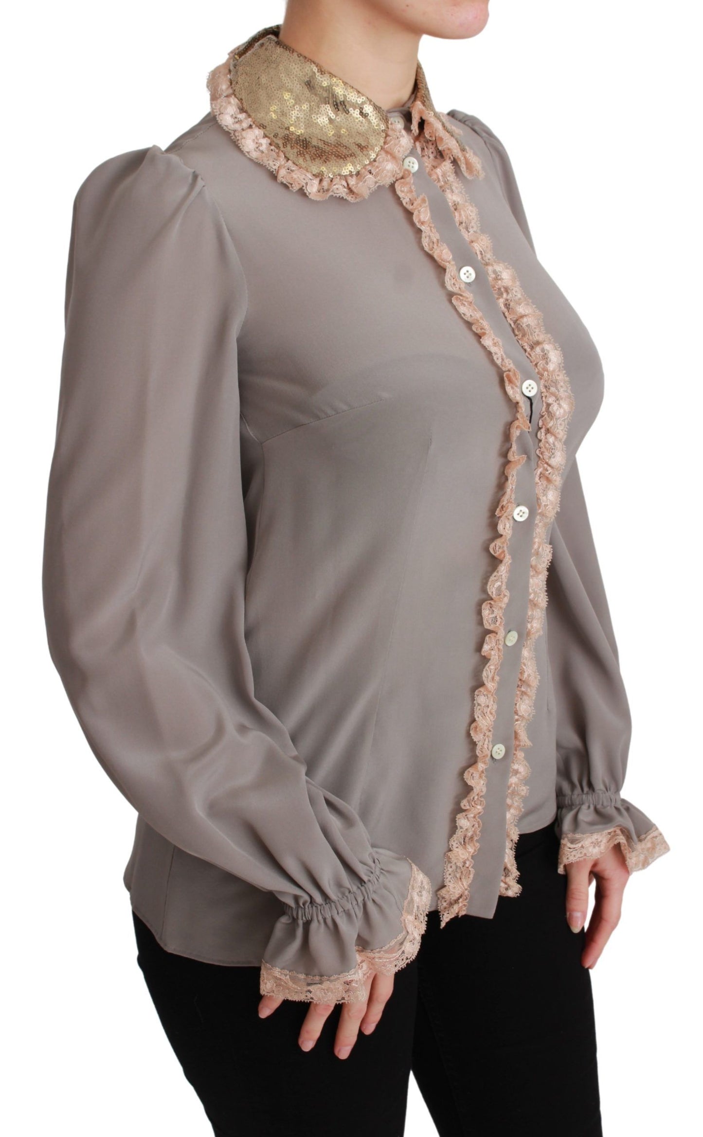 Camisa elegante de mezcla de seda con cuello de lentejuelas