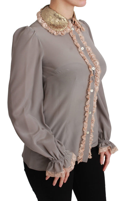 Camisa elegante de mezcla de seda con cuello de lentejuelas