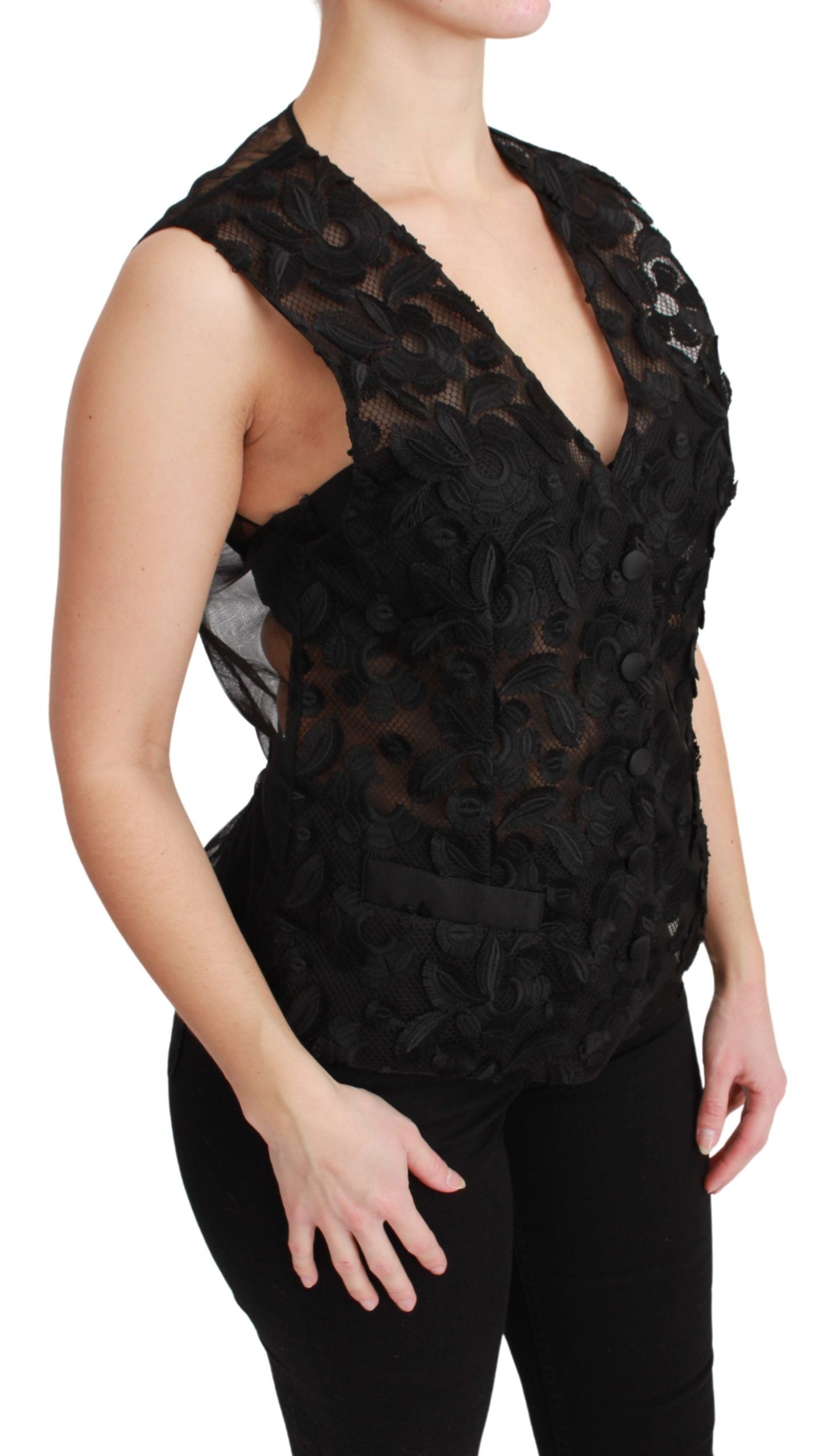 Elegante chaleco de mezcla de seda negra con estampado floral