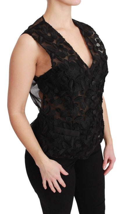 Elegante chaleco de mezcla de seda negra con estampado floral