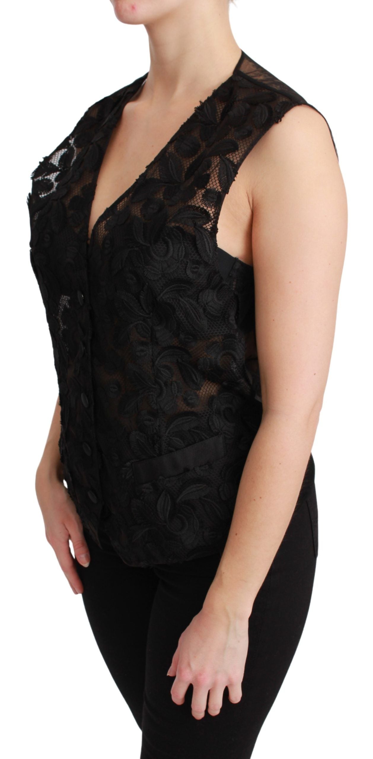 Elegante chaleco de mezcla de seda negra con estampado floral
