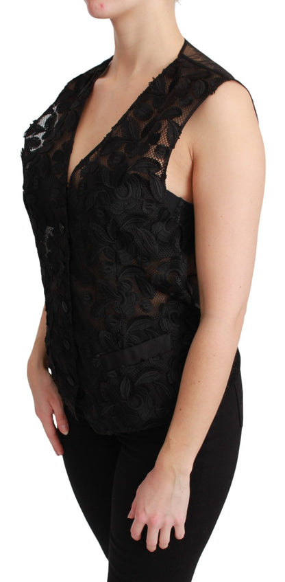 Elegante chaleco de mezcla de seda negra con estampado floral