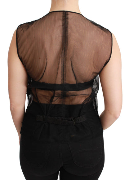 Elegante chaleco de mezcla de seda negra con estampado floral