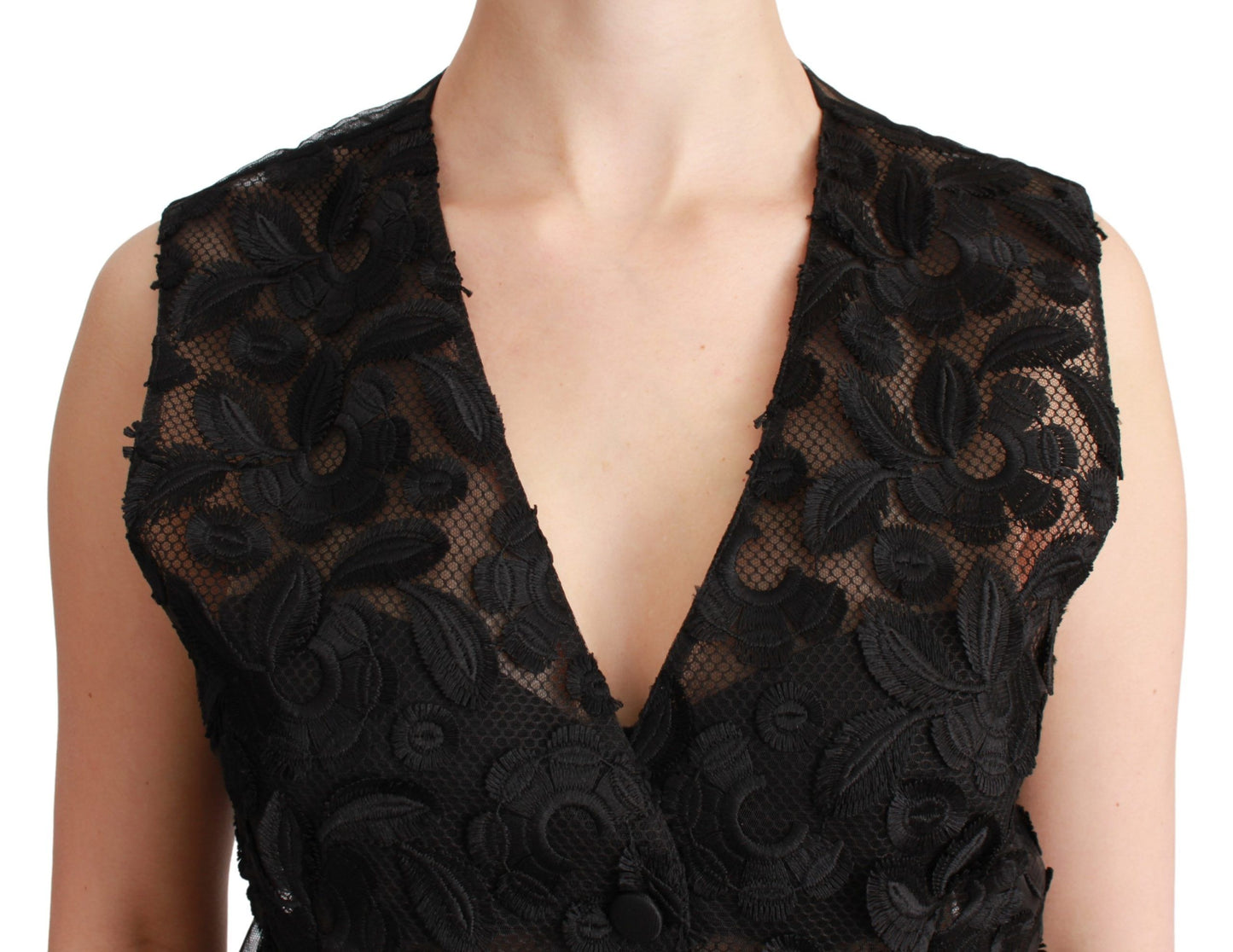 Elegante chaleco de mezcla de seda negra con estampado floral