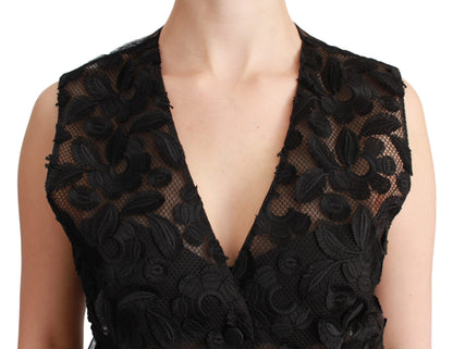 Elegante chaleco de mezcla de seda negra con estampado floral