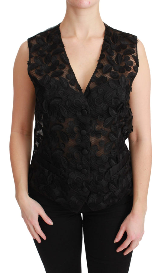 Elegante chaleco de mezcla de seda negra con estampado floral