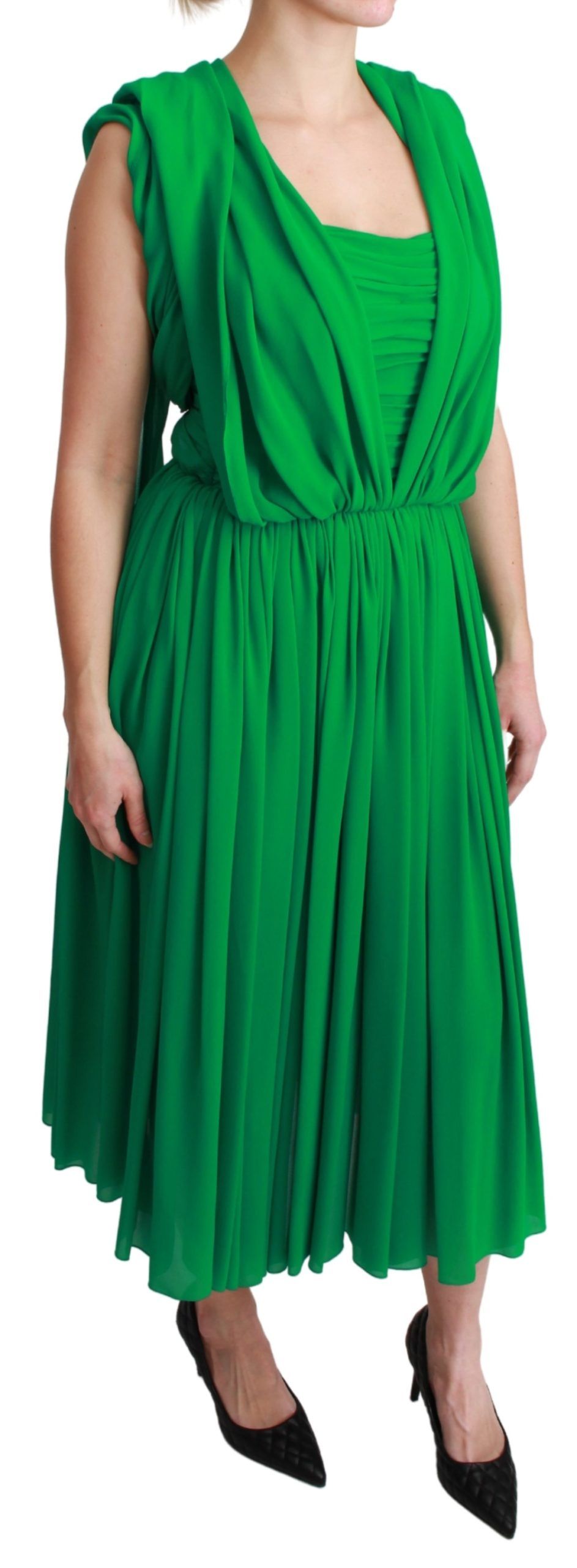 Elegante vestido largo de seda plisado sin mangas