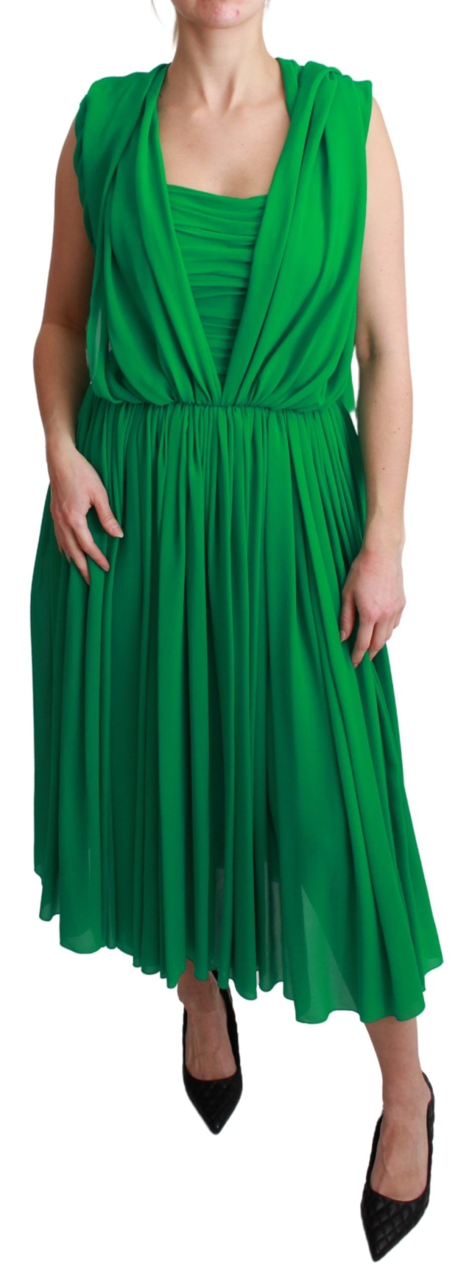 Elegante vestido largo de seda plisado sin mangas