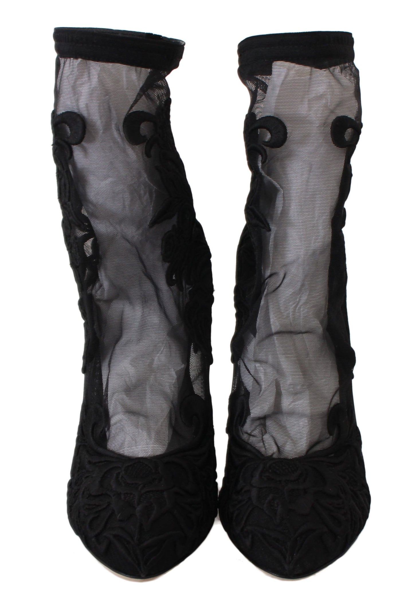 Botines con tacón de aguja y flores bordadas