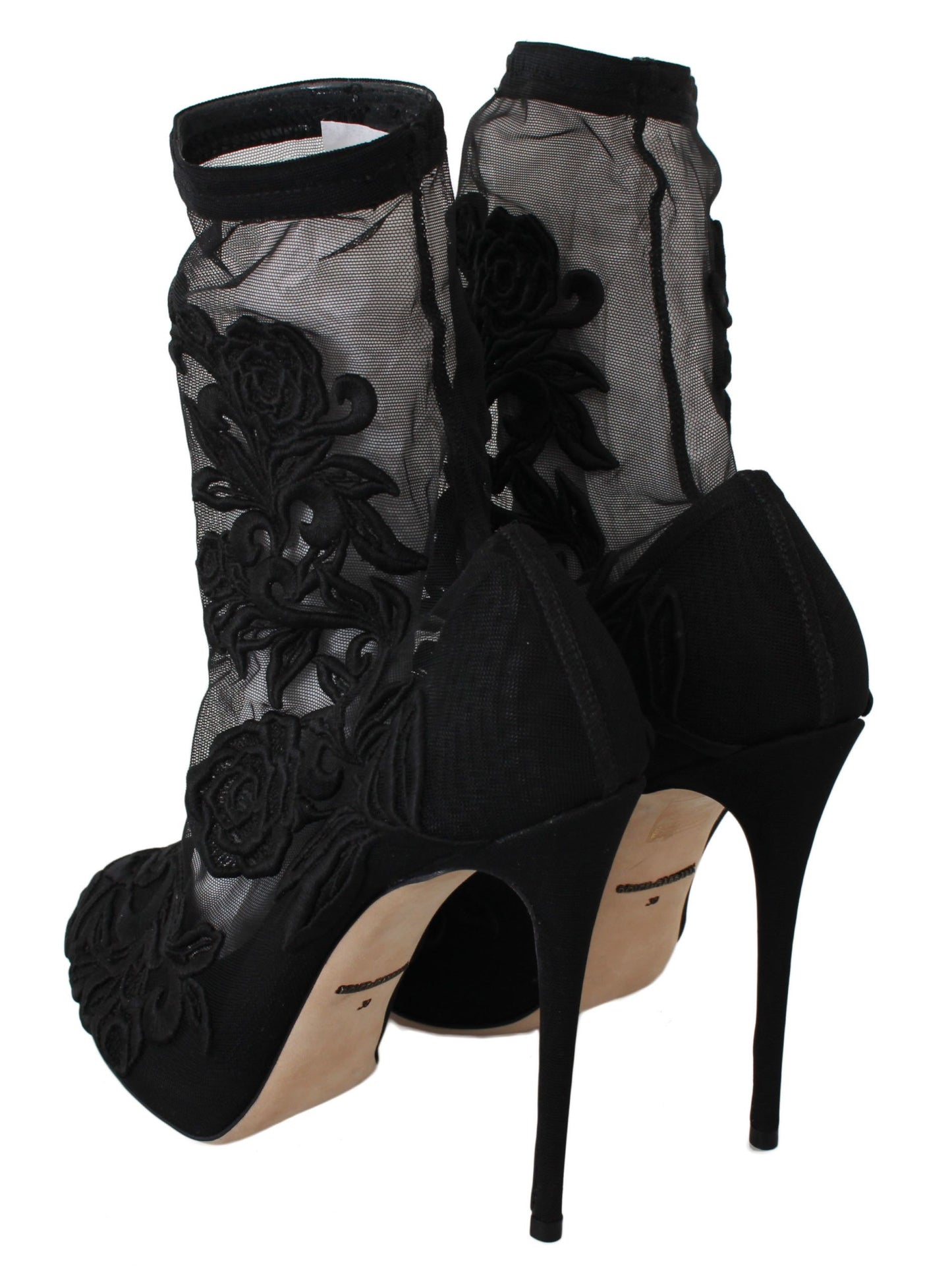 Botines con tacón de aguja y flores bordadas