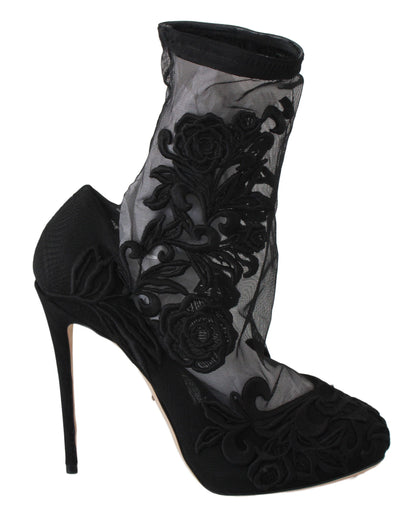 Botines con tacón de aguja y flores bordadas