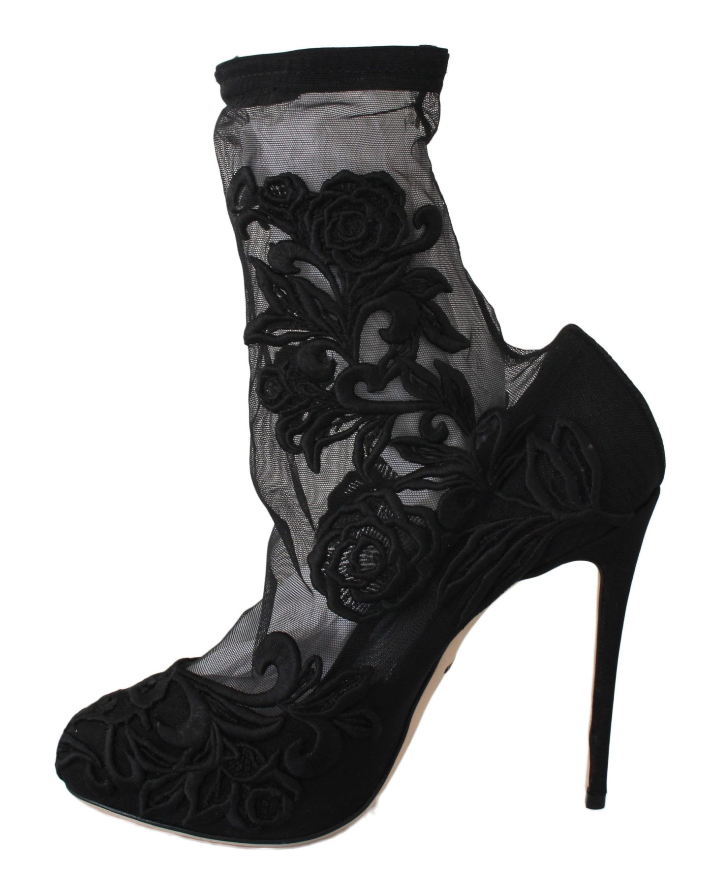 Botines con tacón de aguja y flores bordadas