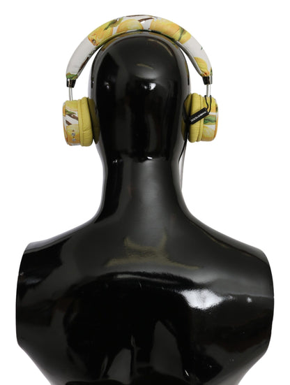 Auriculares elegantes de cuero blanco con estampado amarillo
