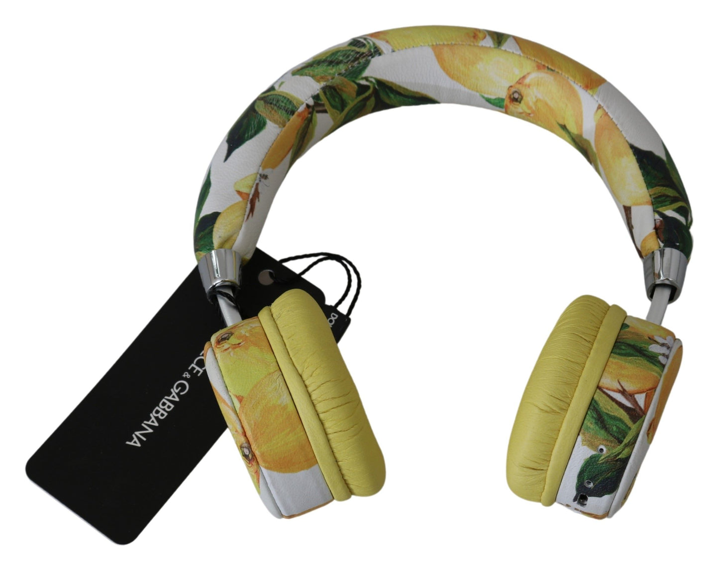 Auriculares elegantes de cuero blanco con estampado amarillo