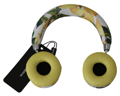 Auriculares elegantes de cuero blanco con estampado amarillo