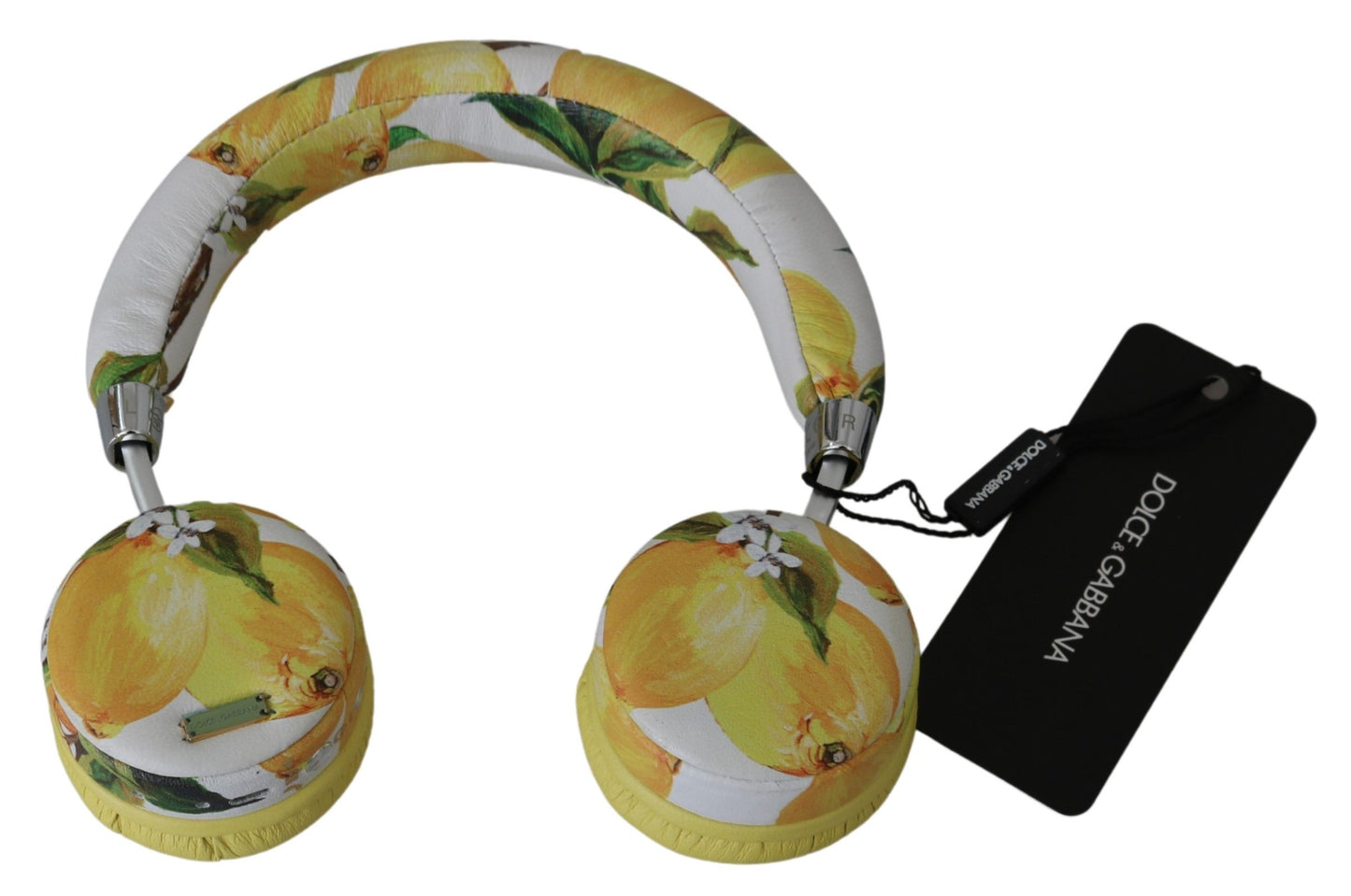 Auriculares elegantes de cuero blanco con estampado amarillo