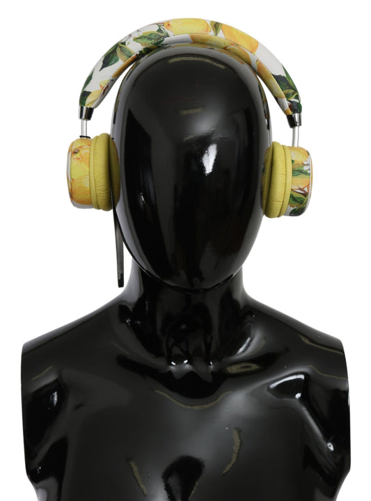 Auriculares elegantes de cuero blanco con estampado amarillo