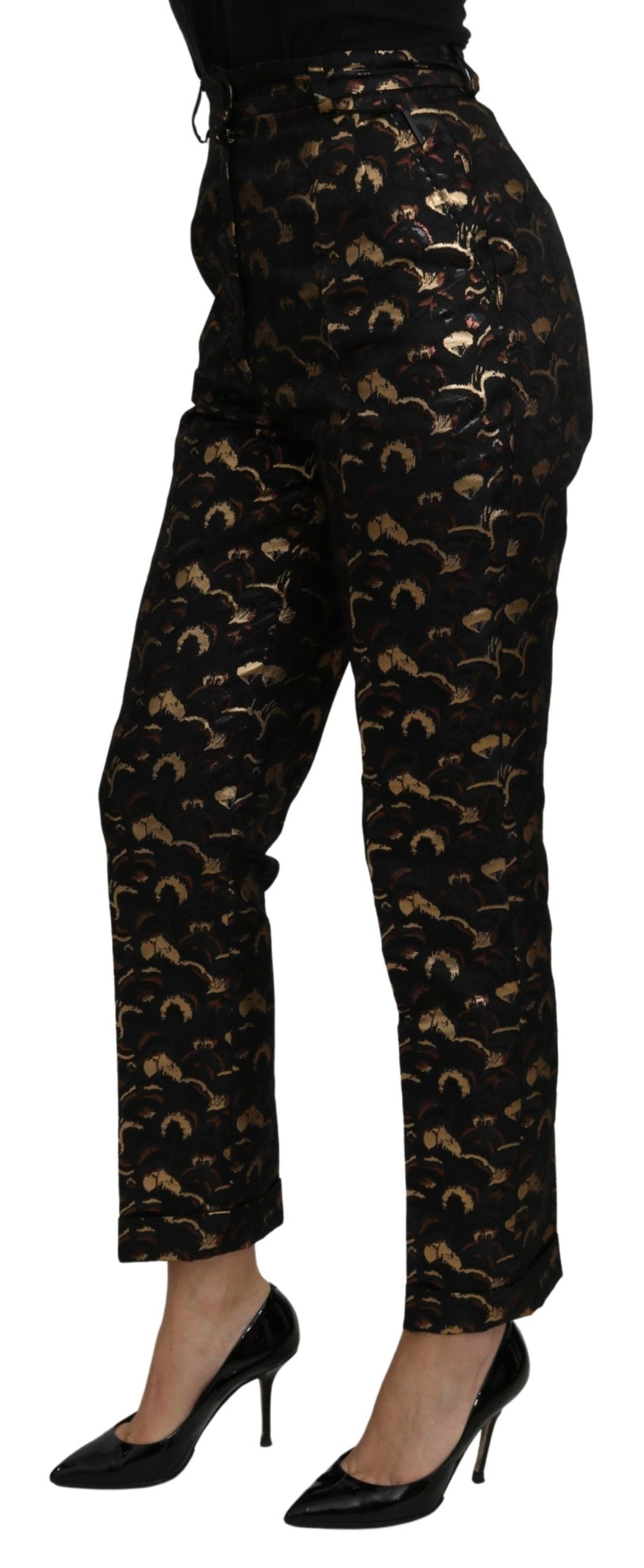 Pantalones elegantes de brocado de cintura alta y corte cónico
