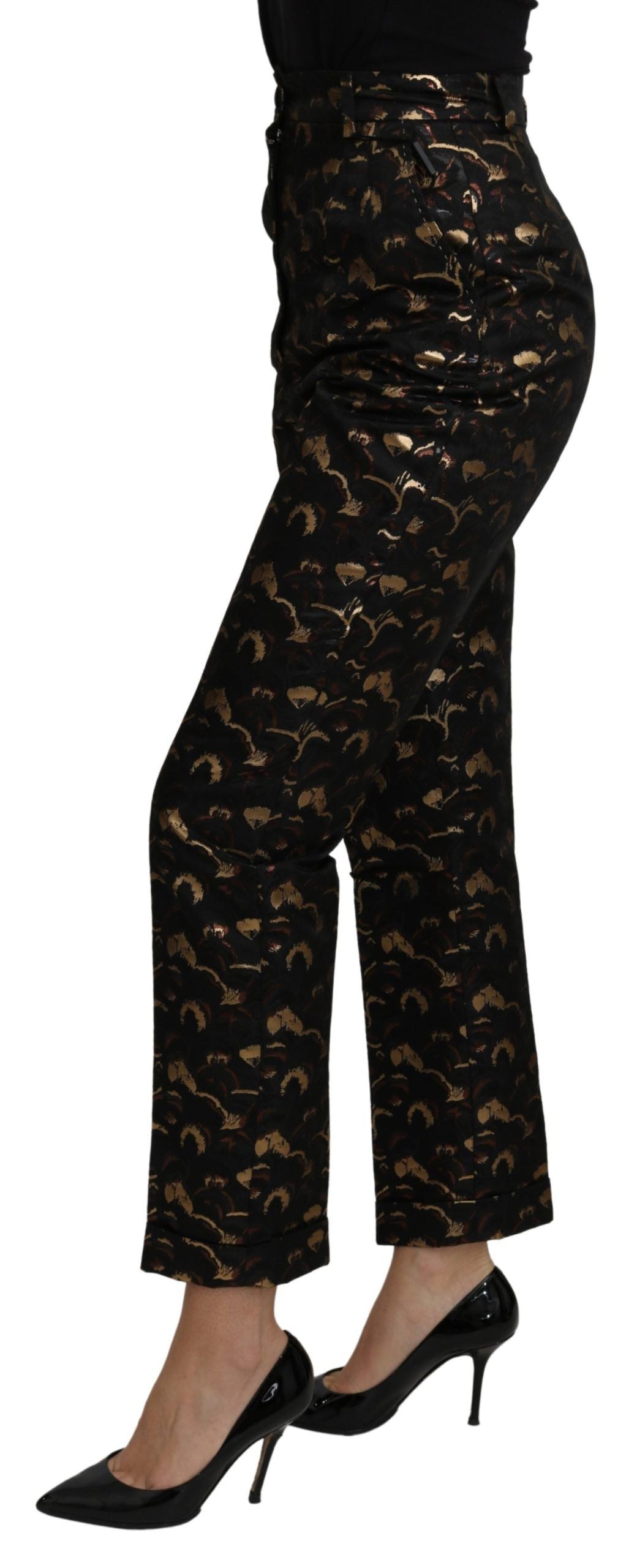 Pantalones elegantes de brocado de cintura alta y corte cónico