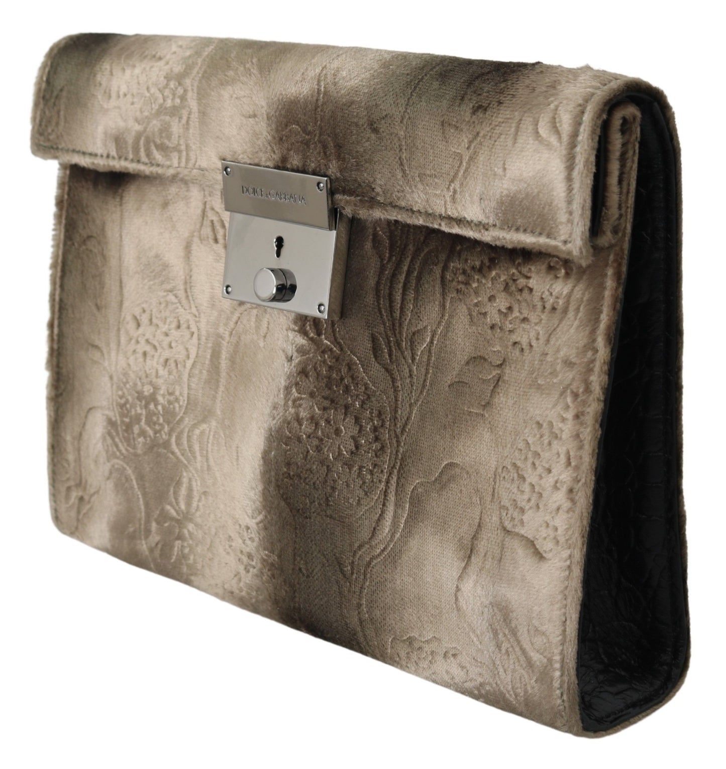 Cartera de mano tipo maletín de piel con estampado de cocodrilo en terciopelo beige