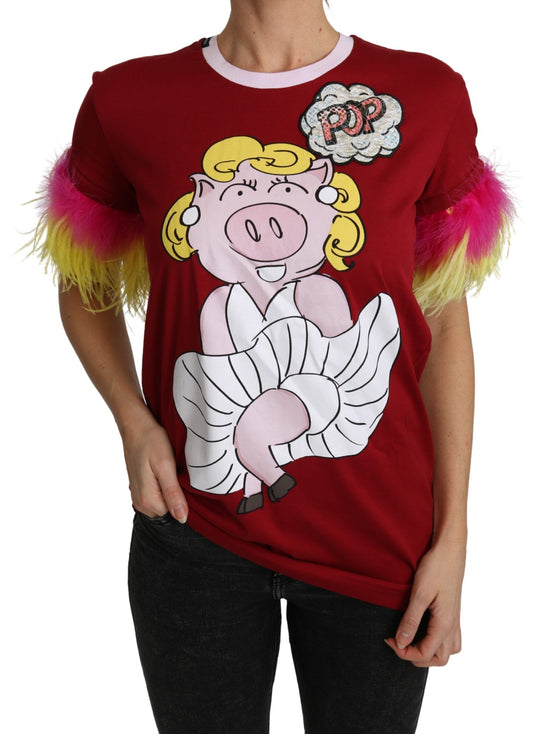 Camiseta de cuello redondo con estampado chic de cerdo rojo