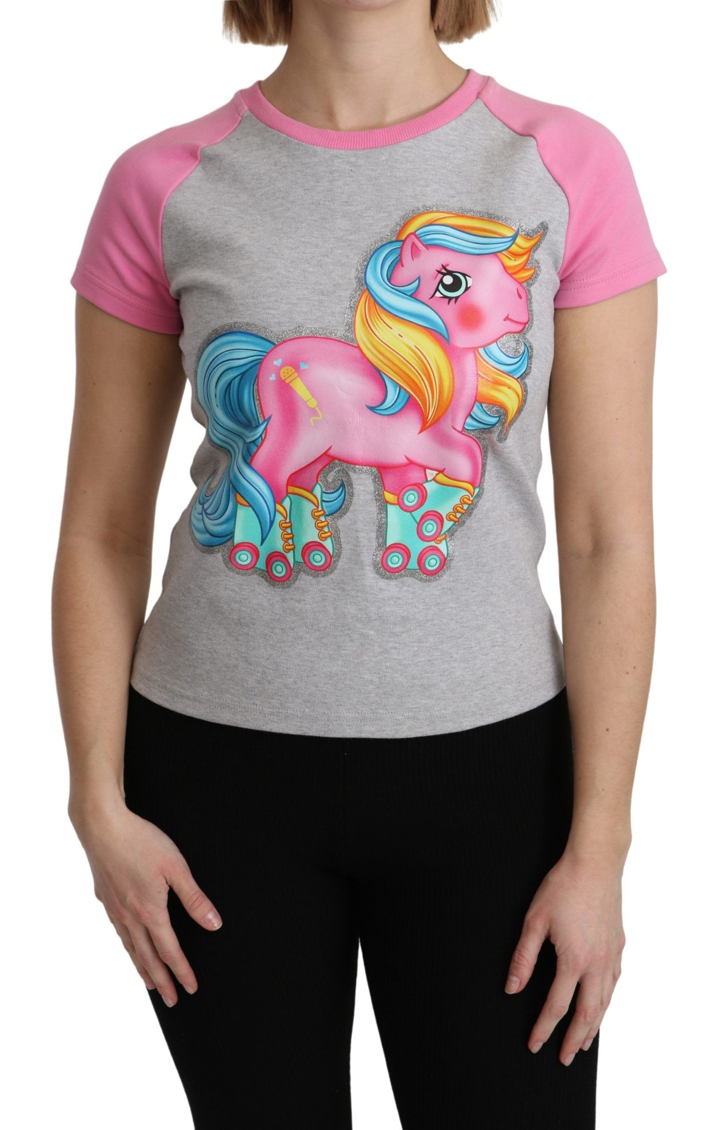 Camiseta elegante de algodón gris con cuello redondo y detalles rosas