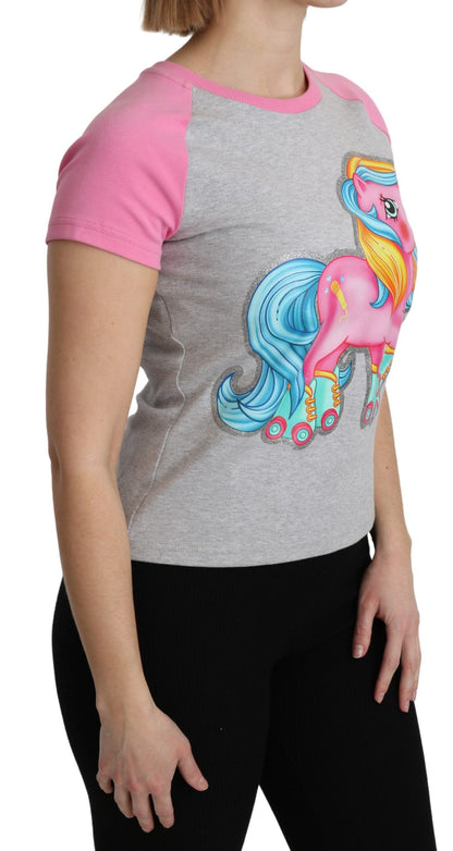 Camiseta elegante de algodón gris con cuello redondo y detalles rosas